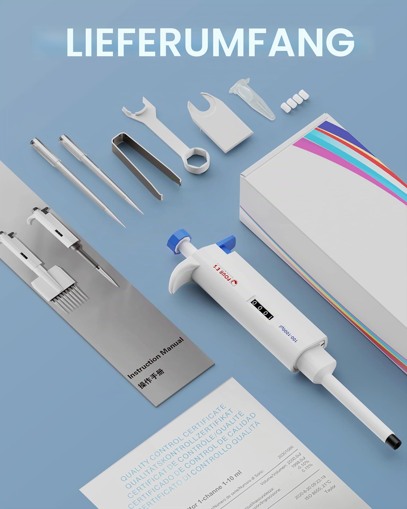 100-1000μl Pipetten 0,1-1mL Pipettor Micropipette Mikropipette Labor Einkanal Pipettierer Mikroliterpipetten Laborpietten ISO8655