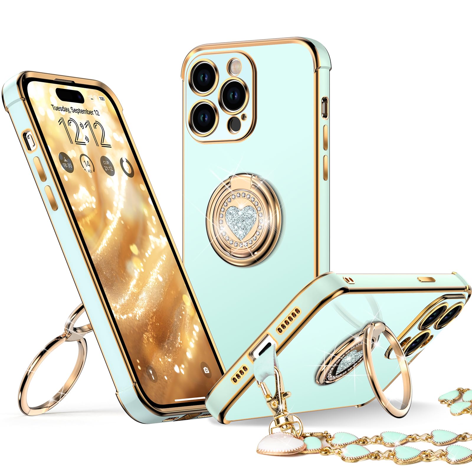 XYZ for iPhone 14 Pro Max Case with Stand, Phone Case with Double Ring Kickstand, Women Girl Cute Love-Heart Luxury Bling Protective Case Heart for