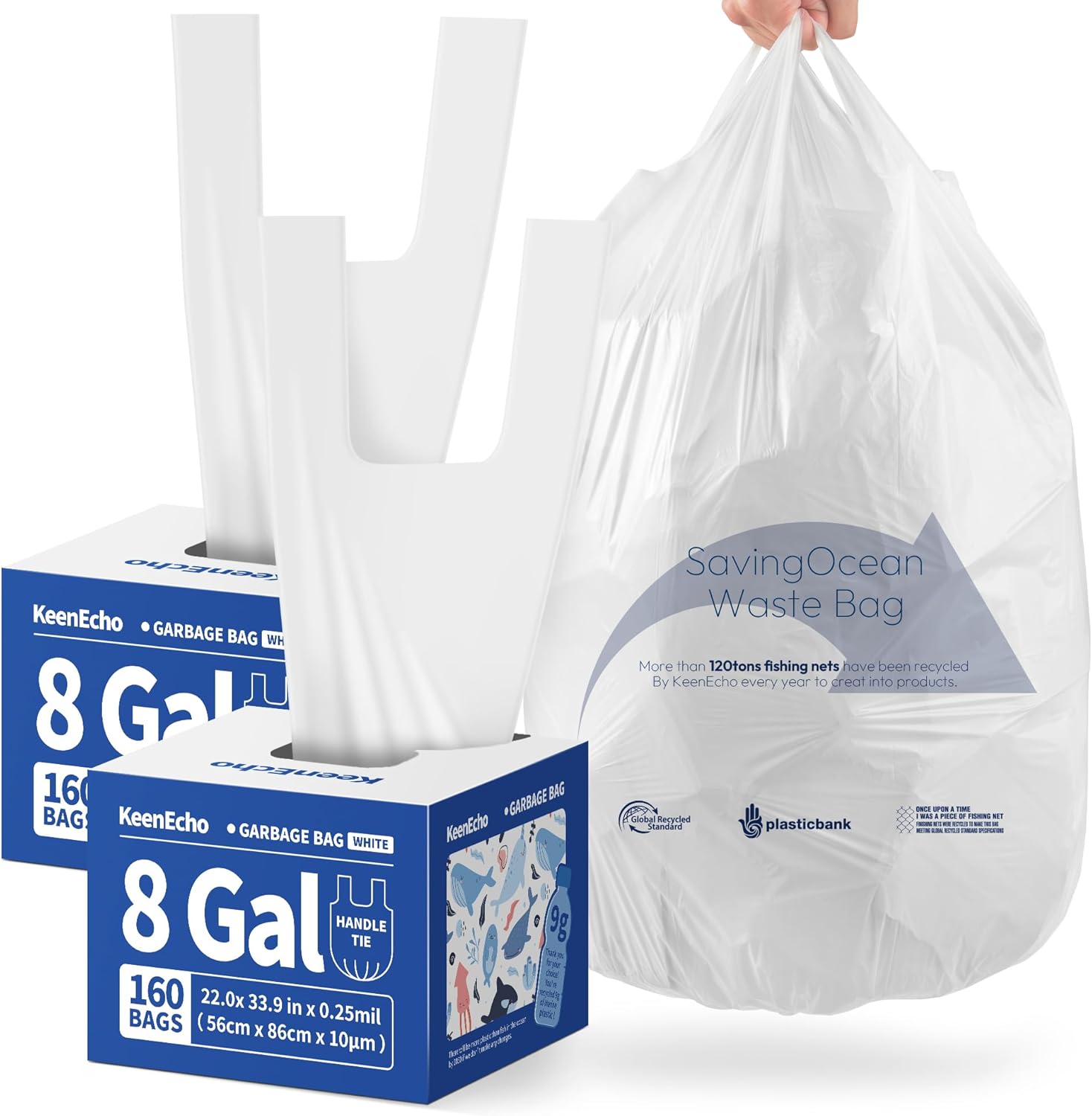 Small Trash Bags with Handles - Ocean Plastic Upcycling - Plastic Garbage Bags, Can Bin & Waste Basket Liner for Kitchen, Bathroom, Office and Pets,8 Gallon 320 Count White
