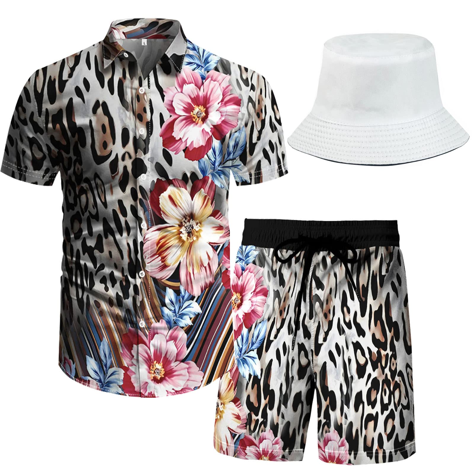 Beach Outfit Matching Shirts Shorts Men's Hawaiian Festival Floral Clothes 2 piece Sets with Bucket Hat