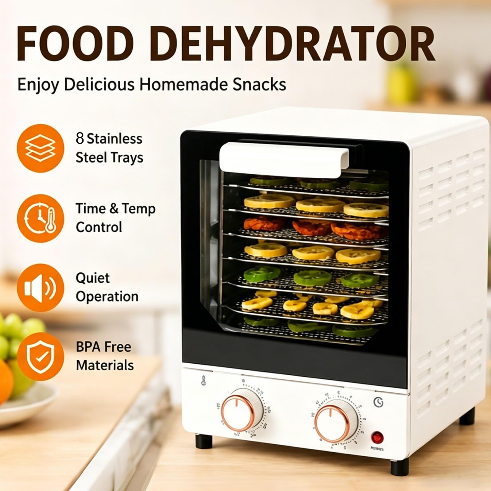 Disidratatore Elettrico per Alimenti a 8 Vassoi, Macchina Liofilizzatrice da 250W con Controllo Digitale della Temperatura 30-90°C, Timer da 12 Ore per Jerky, Carne, Frutta, Verdure e Snack