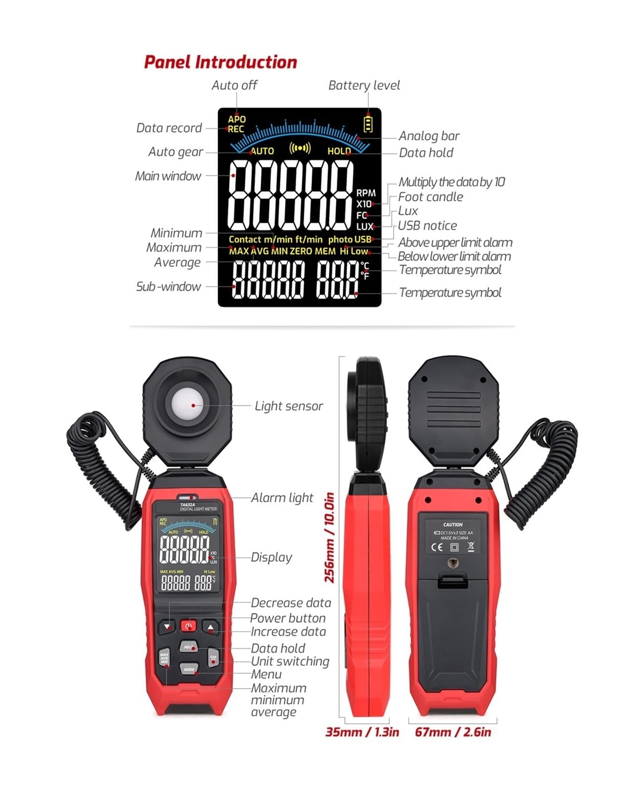 Medidor de luz digital LCD TA632A Medidor de luz digital Iluminómetro de mano Luminómetro Fotómetro Luxómetro Medidor de luz 0-200000 Lux Medidor de índice preciso