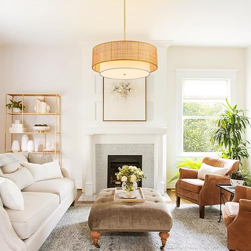 Miniatura 4 de SineRise Candelabro de ratán de 18 pulgadas, lámpara colgante grande bohemia de 3 luces, candelabros tejidos a mano para comedor con pantalla de