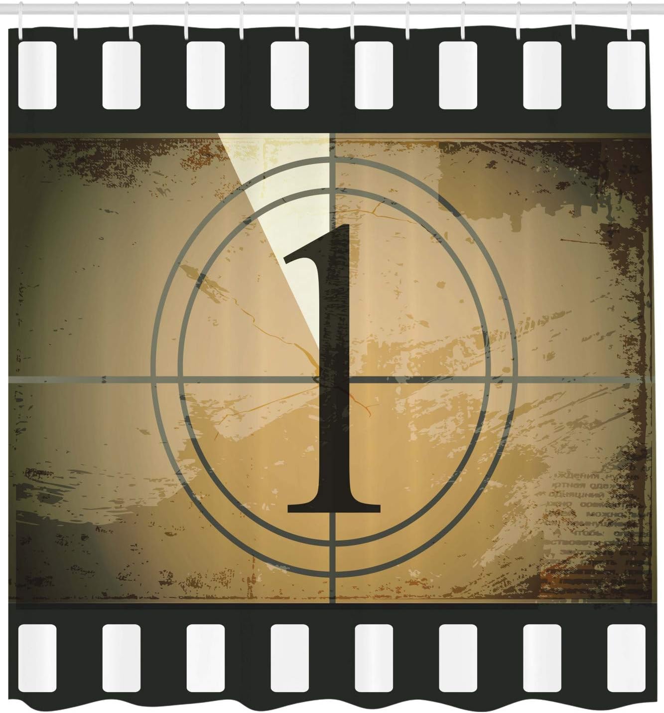 Ambesonne Movie Theater Shower Curtain, Grunge Countdown Frame with Number in a Circle Film Strip, Cloth Fabric Bathroom Decor Set with Hooks, 69" W x 75" L, Black Brown