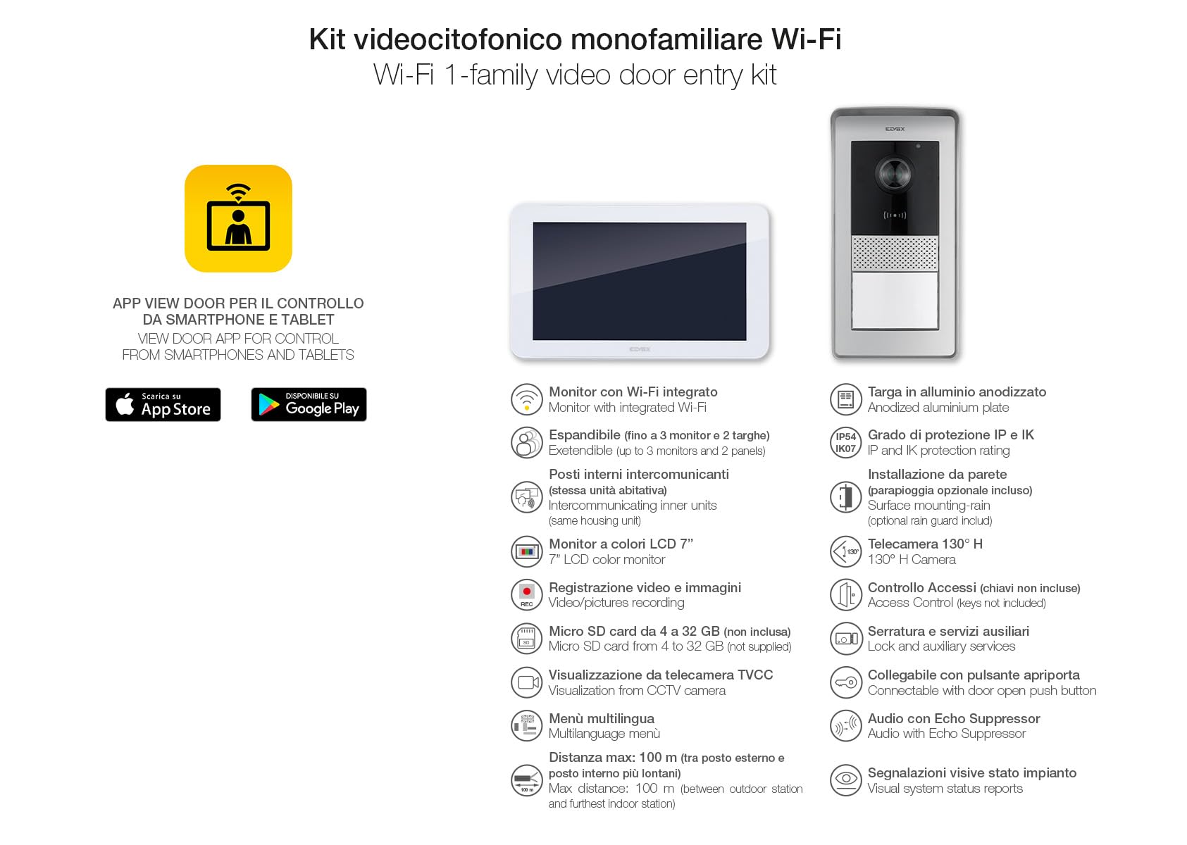 Vimar K42955 Kit videocitofono WIFI monofamiliare, alimentatore barra DIN, touch screen vivavoce Wi-Fi a colori LCD 7", targa audiovideo RFID