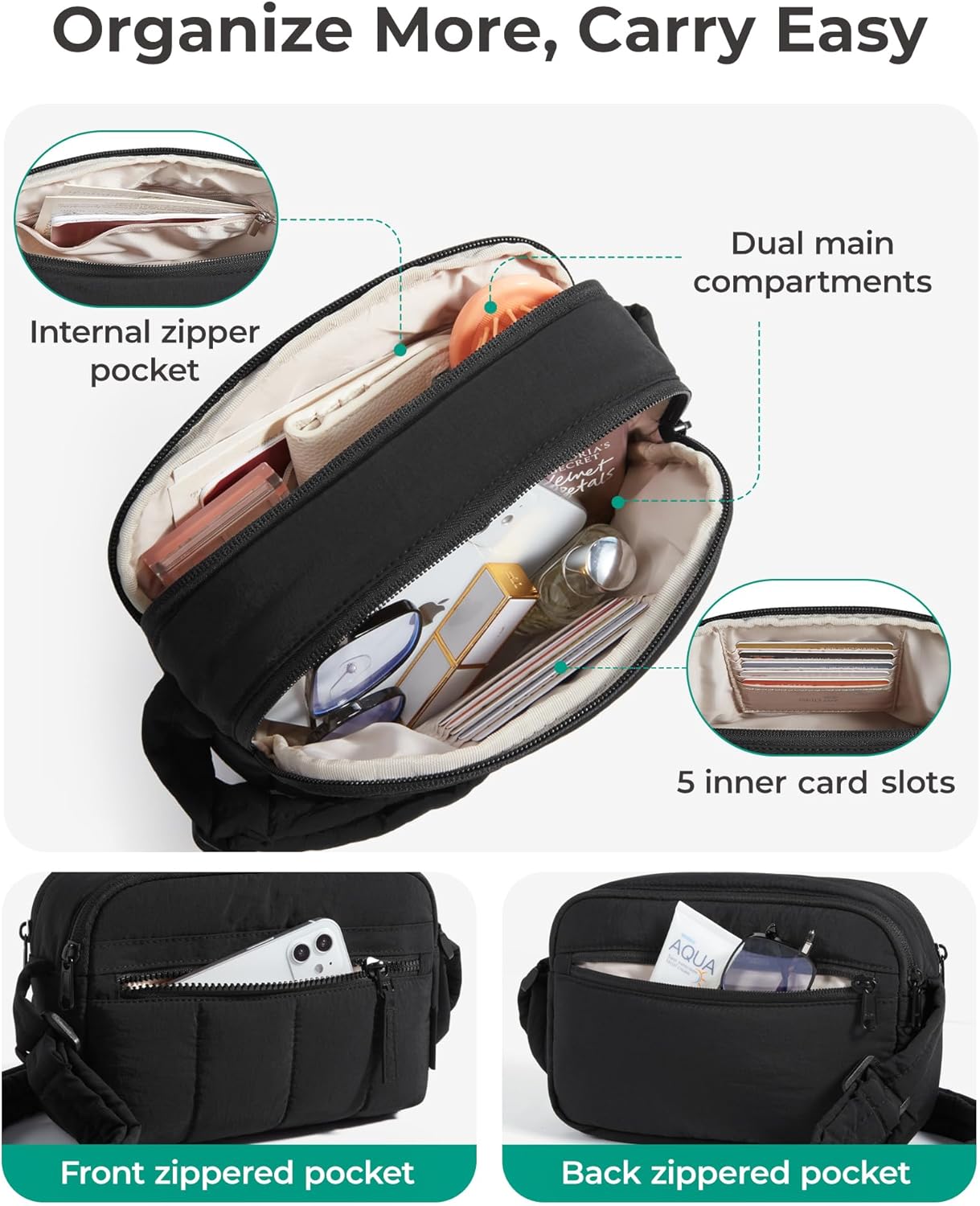 BAGSMART Cross Body Purse, Mini Crossbody Bags for Women Travel Purse, Puffy Shoulder Handbag Wallet with RFID Blocking Slots, Black-small - Image 6