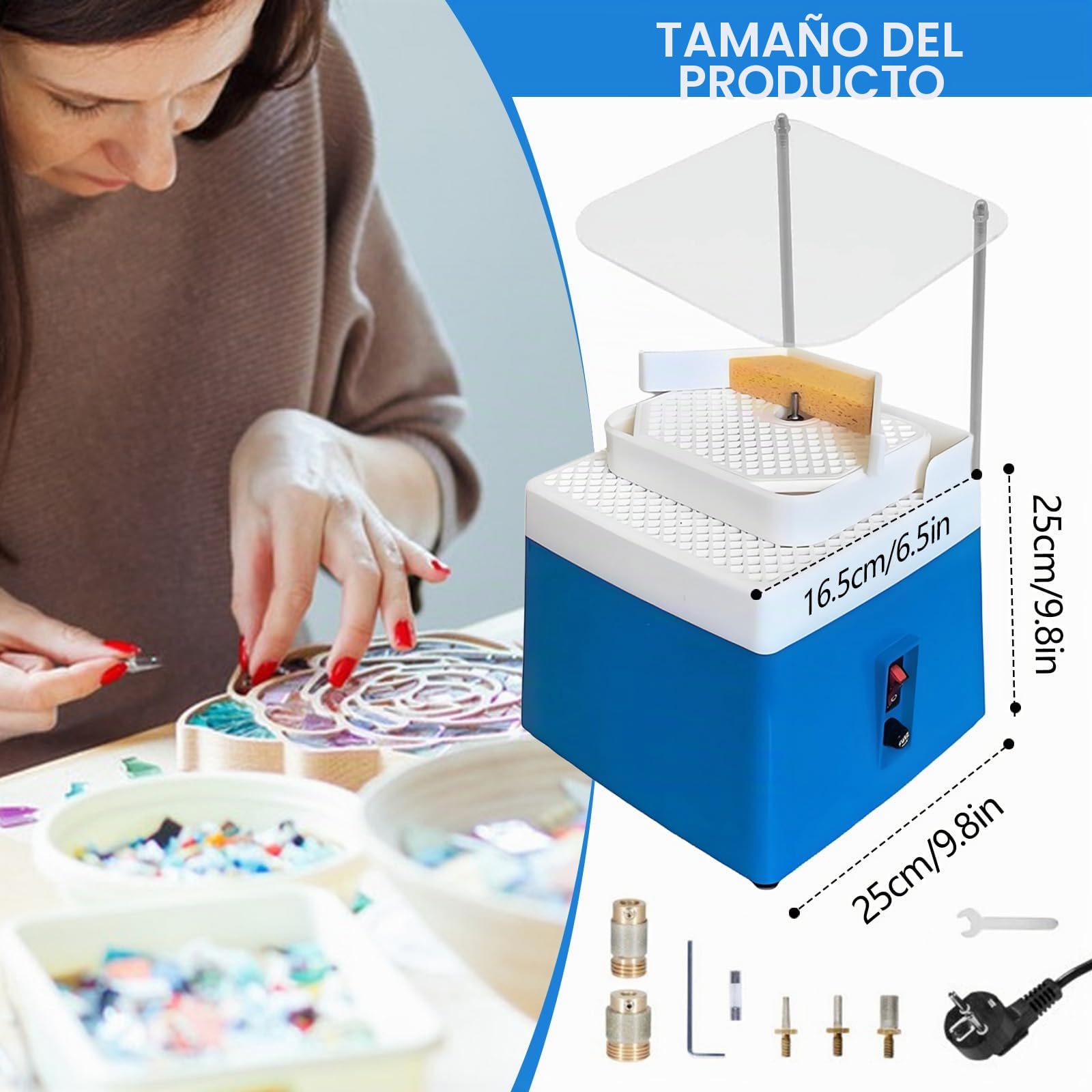 Amoladora De Vidrio, 65W 220V 4200Rpm AutomáTica De Doble Capa Con 2 Muelas Y Deflector Para Trabajar Con Vidrio Y CeráMica Enchufe UE