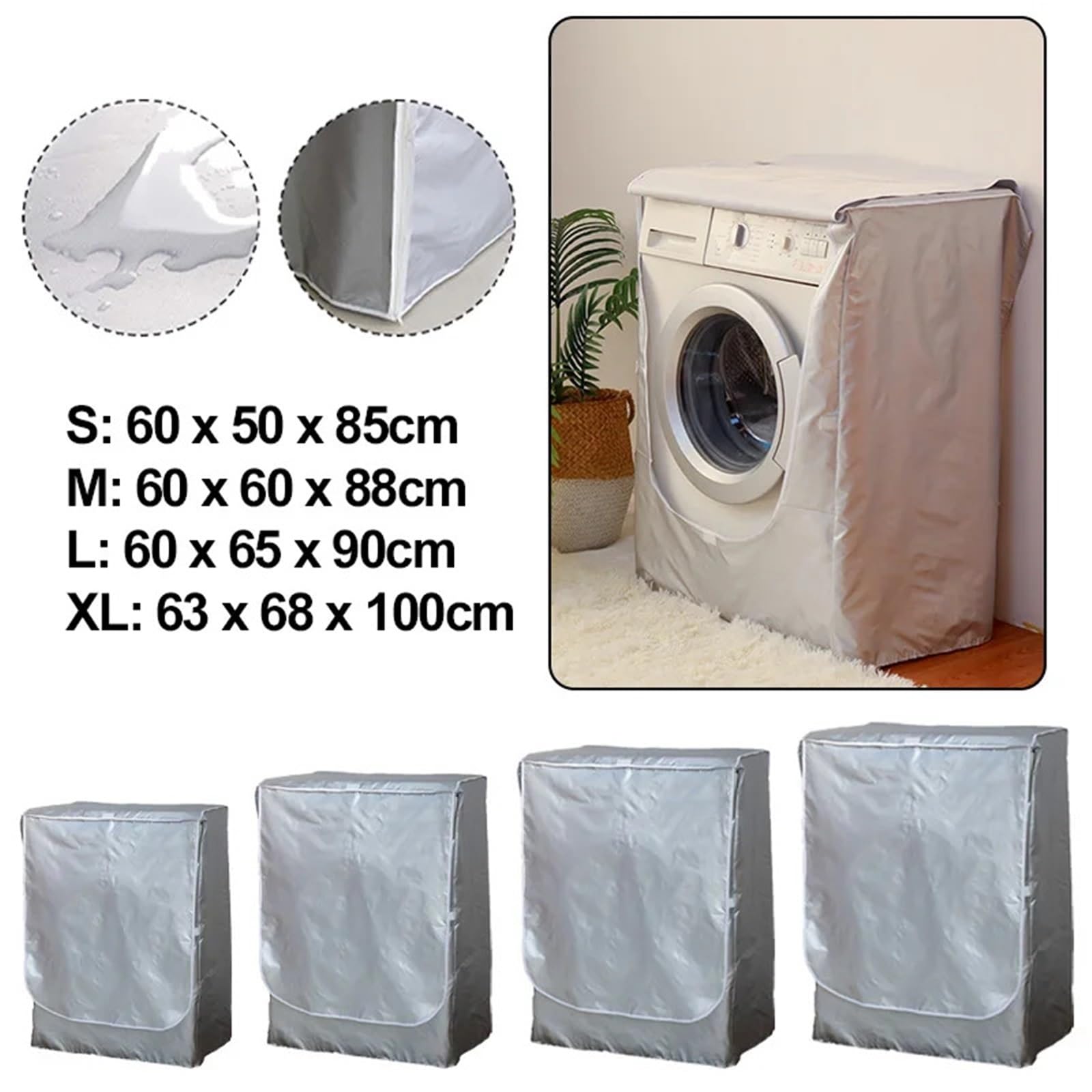 Housse en Oxford pour Lave-Linge, Housse de Machine à Laver 2 pièces argentée Plusieurs Tailles. Polyester.ou(M - 60x60x88cm)