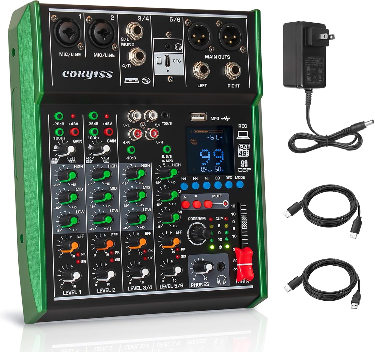 COKYISS® 6-Channel Professional Audio Mixer,Audio Interface Sound Board Mixing,DJ Mixer 48V Power Stereo Studio Mixers with Digital USB BT for Recording, Podcasting, Metallic Green