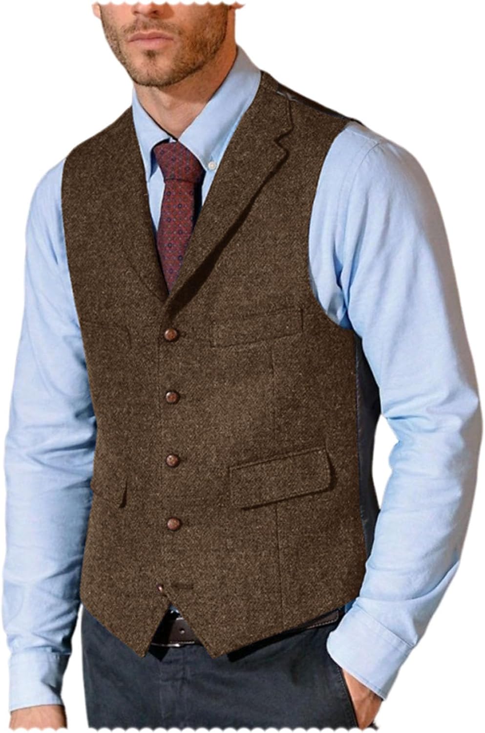 RUNTINGJIA Mens Lapel Suit Vest Tweed Herringbone Business Formal Sleeveless Waistcoat