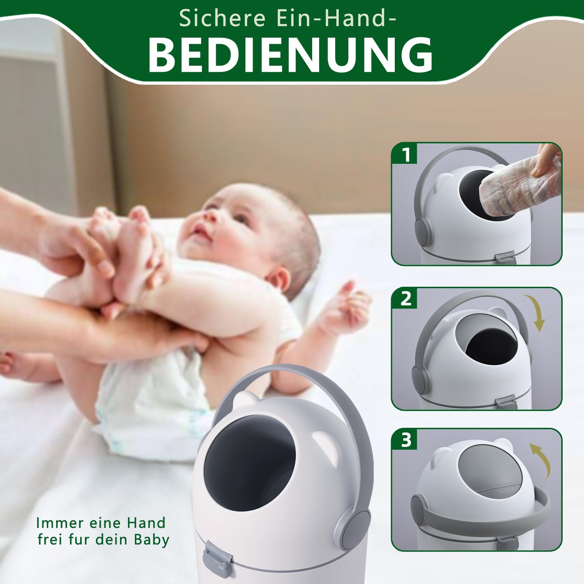 Pattumiera per pannolini con protezione dagli odori, 12 l, funzionamento con una sola mano, sacchetto universale, simpatico orsetto N2, bianco+grigio per la cameretta dei bambini