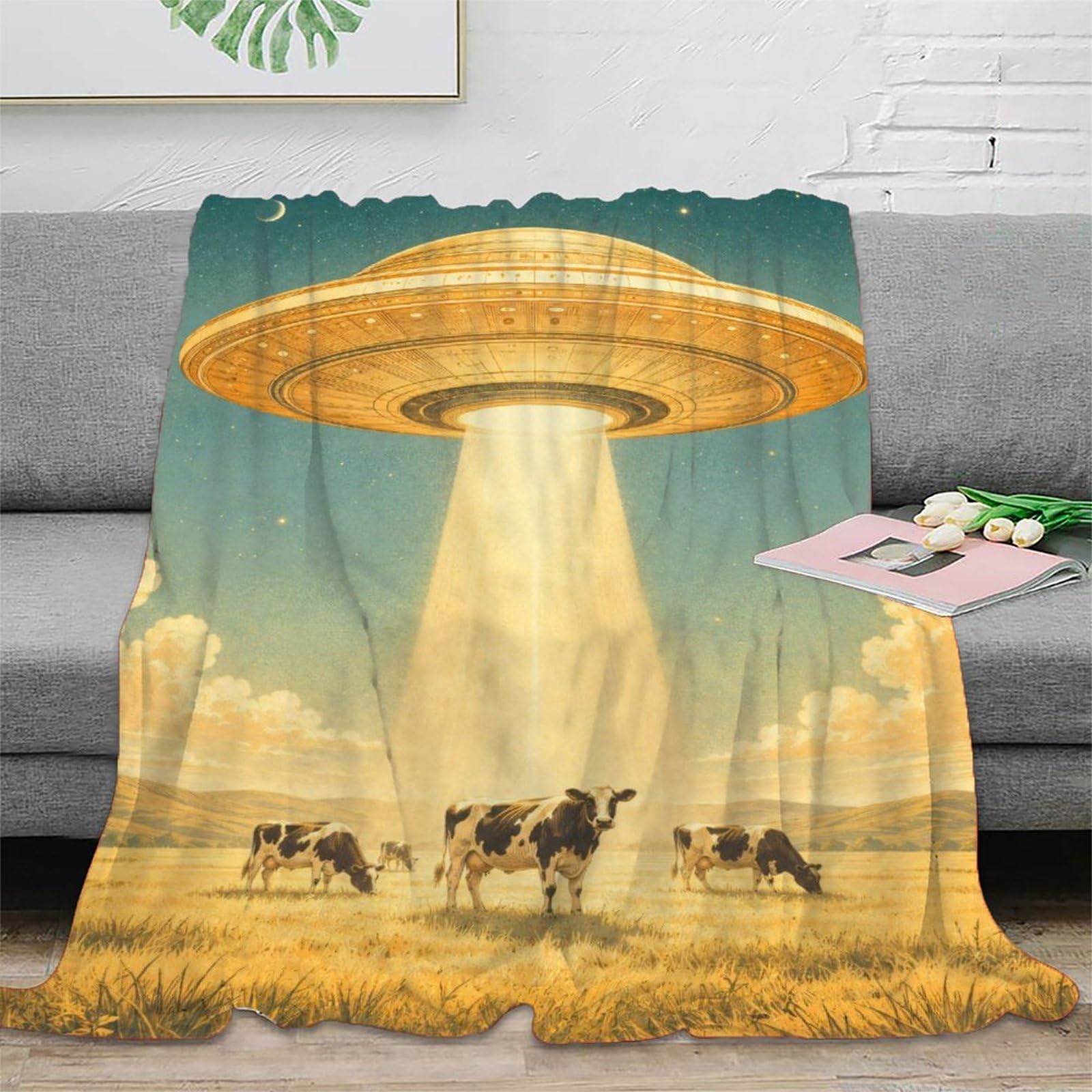 H3B8U2Y5 UFO Cattle Wheat Field Throw Blanket, Retro Cosmic, Camping