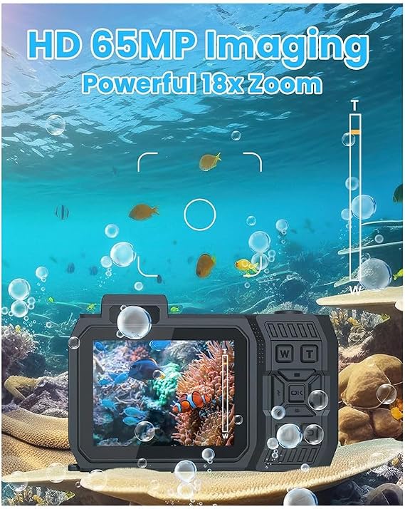 Waterproof Camera 4K 65MP Underwater Camera with 64G Card, for Snorkeling Autofocus Selfie Dual-Screen Black