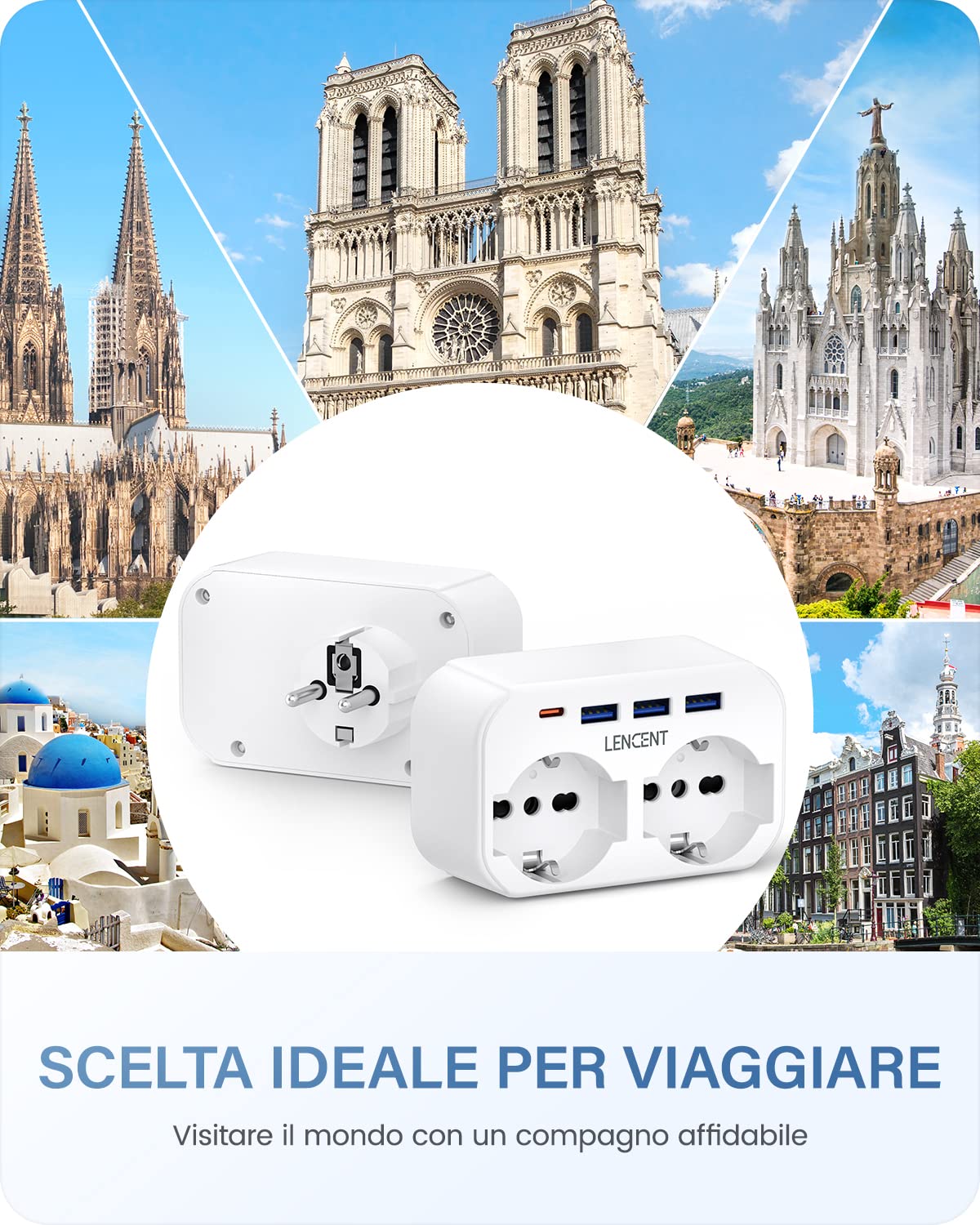 LENCENT Adattatore Spina EU da Viaggio, Presa Italiana con 2 Prese e 3 USB e 1 USB-C, Adattatore Spina Europa per Germania,Francia, Spagno, Adattatore Multipresa Europa 4000W -Bianco