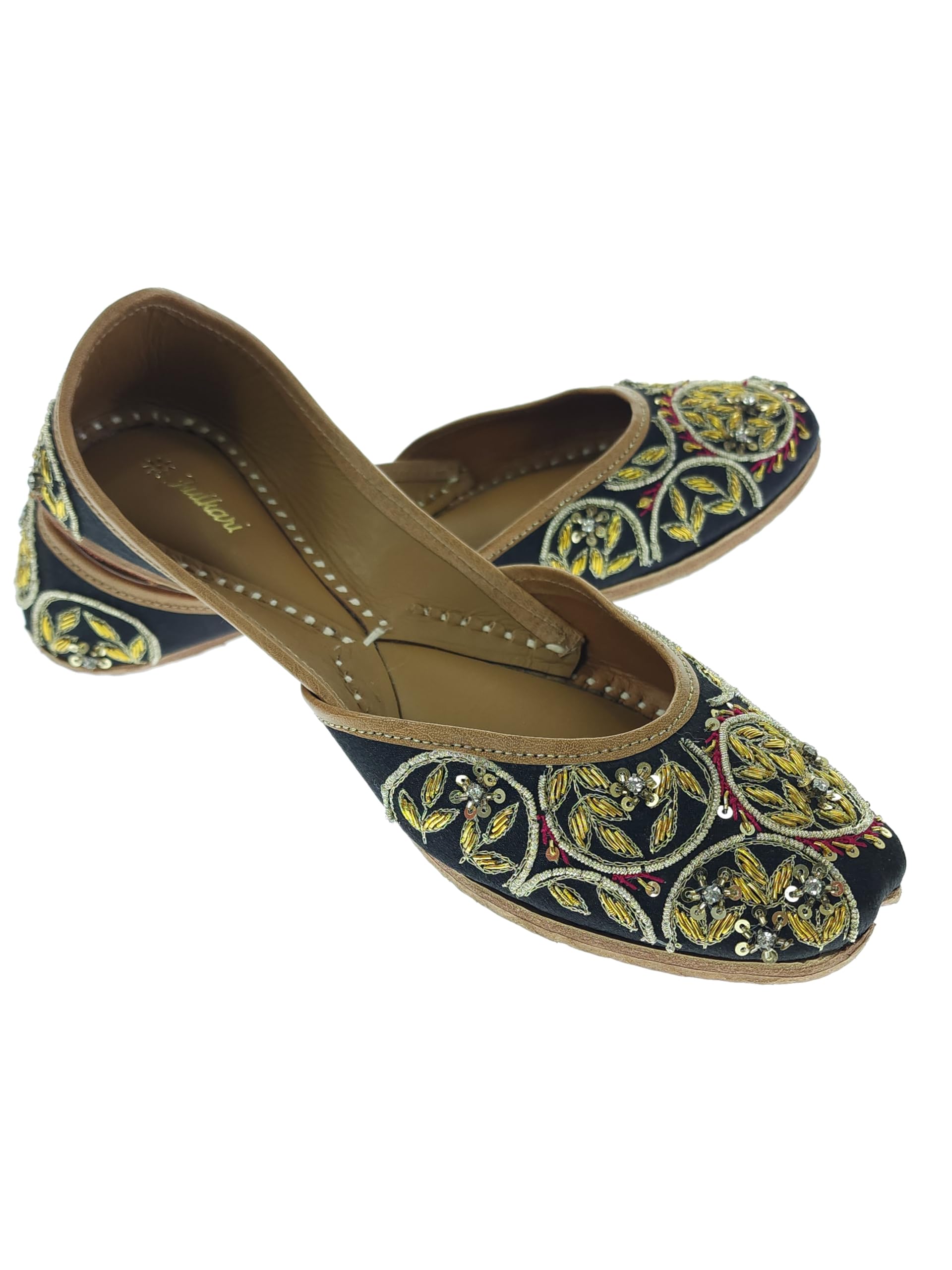 Women Gerbera Gold Genuine Soft Leather Embroidered Jutis | Bite and Pinch Free Jutti | Punjabi Formal Juttis | Girl's Wedding Flat Ladies Mojari | Formal Ethnic Juti |-image-40
