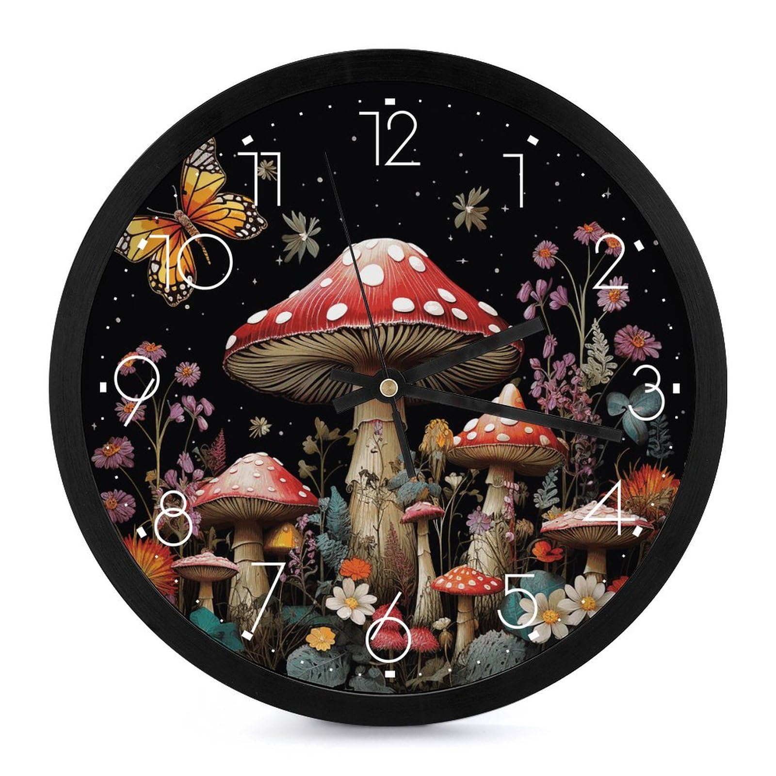 Horloge murale champignons et papillons 25,4 cm ronde et silencieuse pour salon