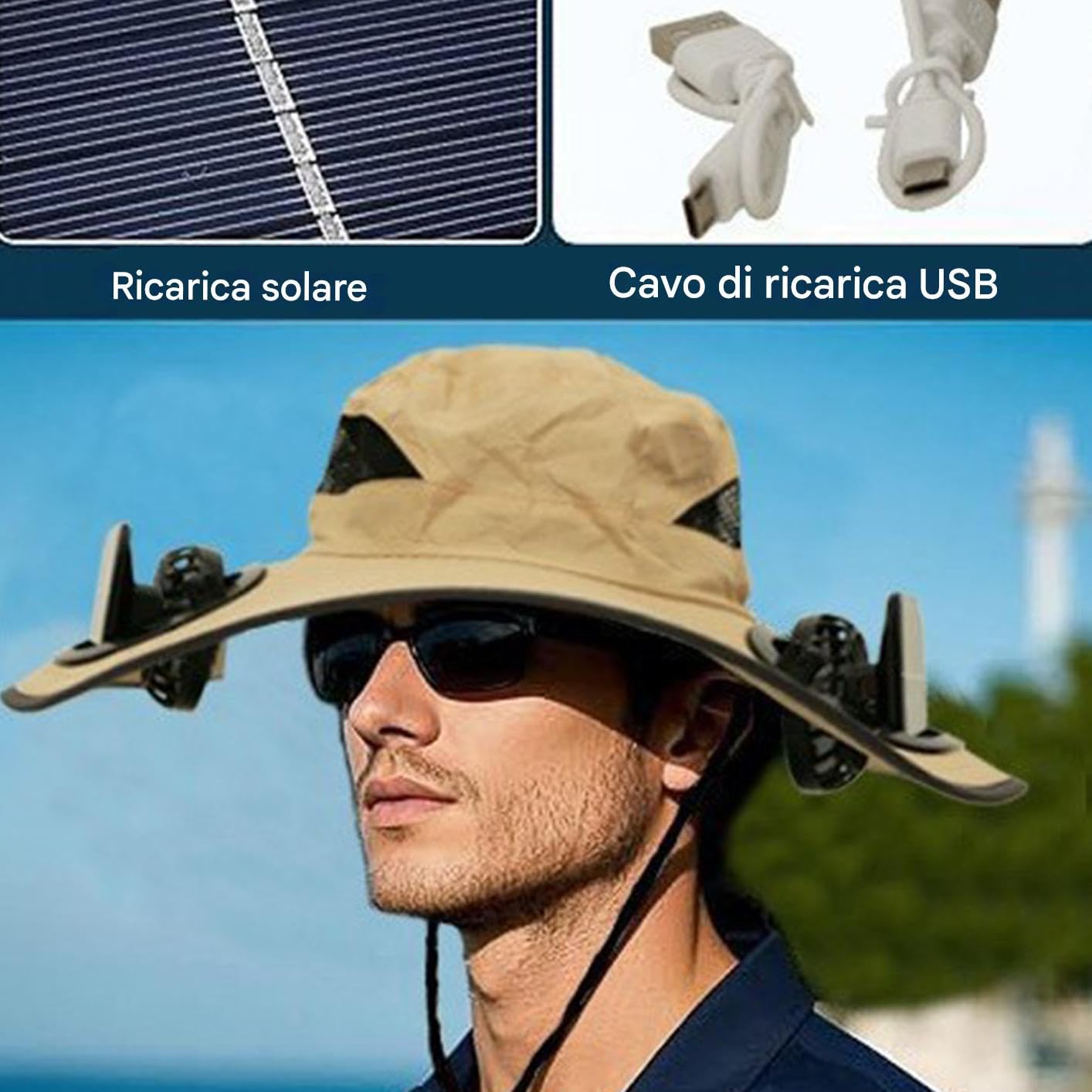Cappello Ventilatore Solare Protezione UPF50+ Tesa Larga Alimentato a | Copricapo Rinfrescante Traspirante Portatile per Pesca Campeggio Spiaggia Sport Estivi