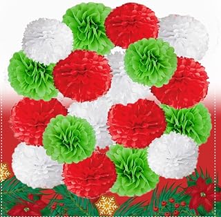 ESUOHYM 18 PCS Paper Flowers Tissue Paper Pom Poms Green, Red, White Paper Flower Balls for Party Decorations, Christmas, Birthday