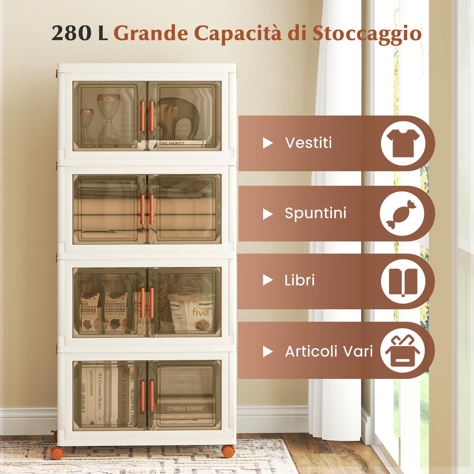 COSTWAY Contenitori Pieghevoli con Coperchio, Set da 4/3 Scatole di Plastica Impilabili con Ruote, per Organizzatore di Armadio con Porte a Apertura Frontale, Multiuso (68,5 x 37,5 x 140 cm)
