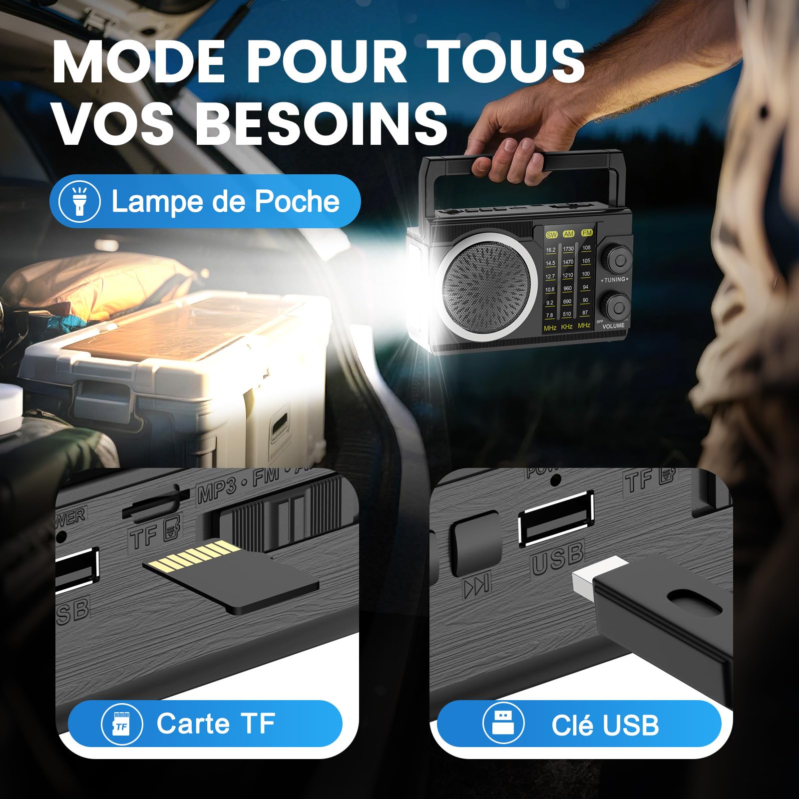 PRUNUS J-135 AM/FM Poste Radio Portable Rechargeable avec 1800 mAh, Secteur et Pile, Transistor Radio Bluetooth 6.0, Poignée de Transport Rabattable, Essentiel à la Survie, pour Camping, Chambre