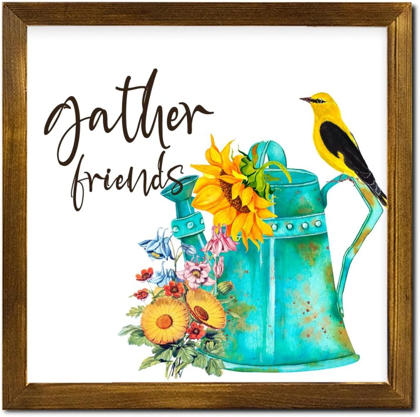 Gather Friends Wood Framed Signs Spring Sunflower Flower in Kettle Hanging Wall Art Retro Hello Spring Flower Wooden Wall Art Decoration for Kitchen Living Room Bedroom Home 12x12 inch
