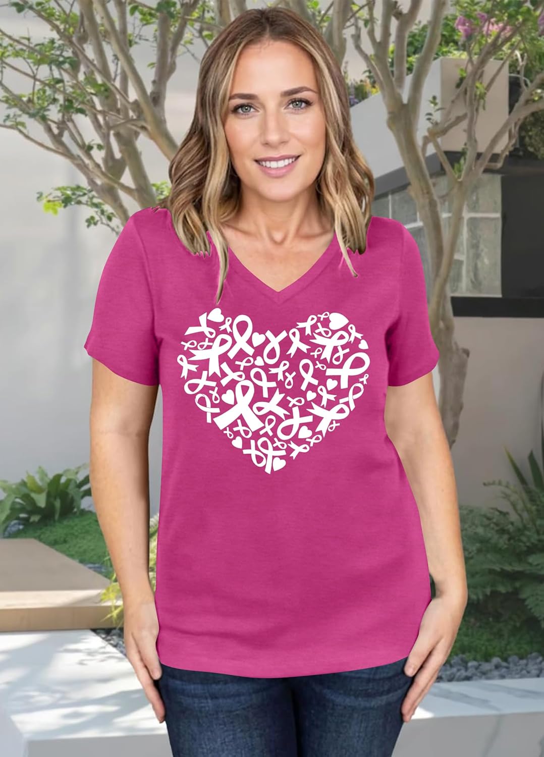 Breast Cancer Shirt Women Pink Ribbon Shirts Breast Cancer Awareness Tee Cancer Survivor V Neck Tshirts - Image 3
