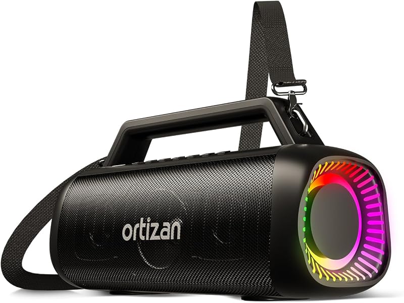 Ortizan 80W Speakers Bluetooth Wireless Loud with Bass, Waterproof, Black | IPX7, 24H Playtime, Bluetooth 5.3, TWS Pairing, Large Outdoor Speaker with Lights, Portable for Garage, Camping and Beach