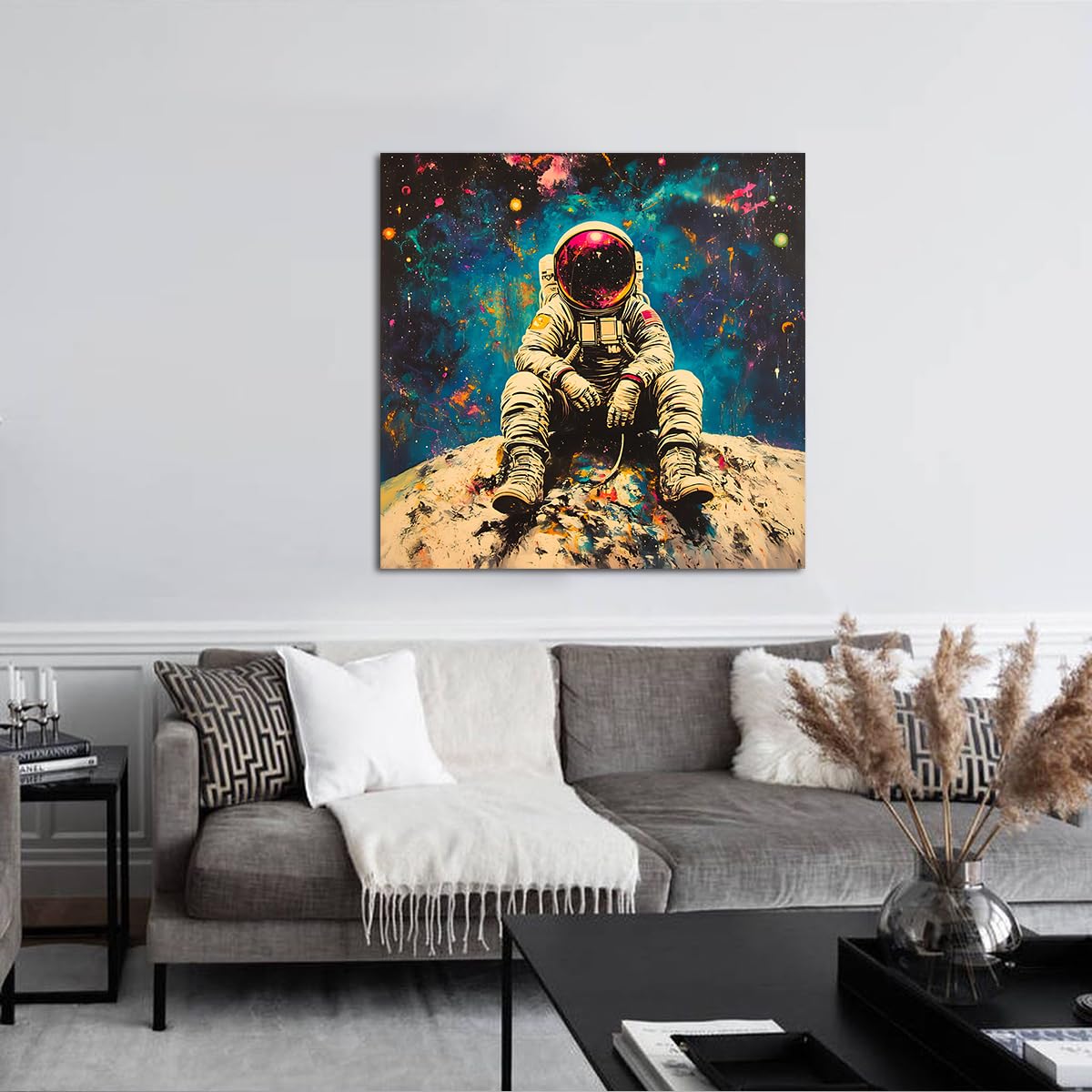 Via Vela Pop Art moderne Toile d’astronaute Art mural Affiche murale cosmique Peinture Poster Rétro Science-Fi Illustration artistique pour décor de studio créatif 60x60cm