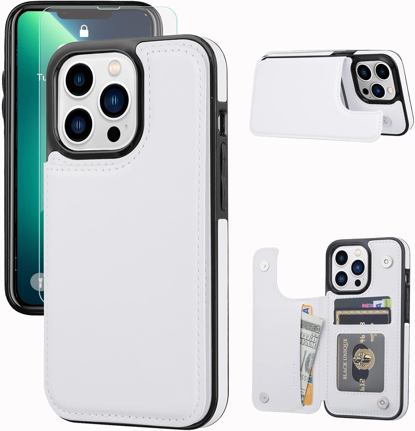 Wallet Case Compatible with iPhone 13 pro 6.1",Slim Protective case with Card Holder,Premium PU Leather Kickstand Card Slots Case with 1 Screen Protective Glass for iPhone13pro(6.1")-White