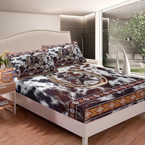 Miniatura 4 de Erosebridal Texas Star - Juego de sábanas de herradura de tamaño King, diseño azteca del suroeste, de piel de vaca occidental, decoración rústica de