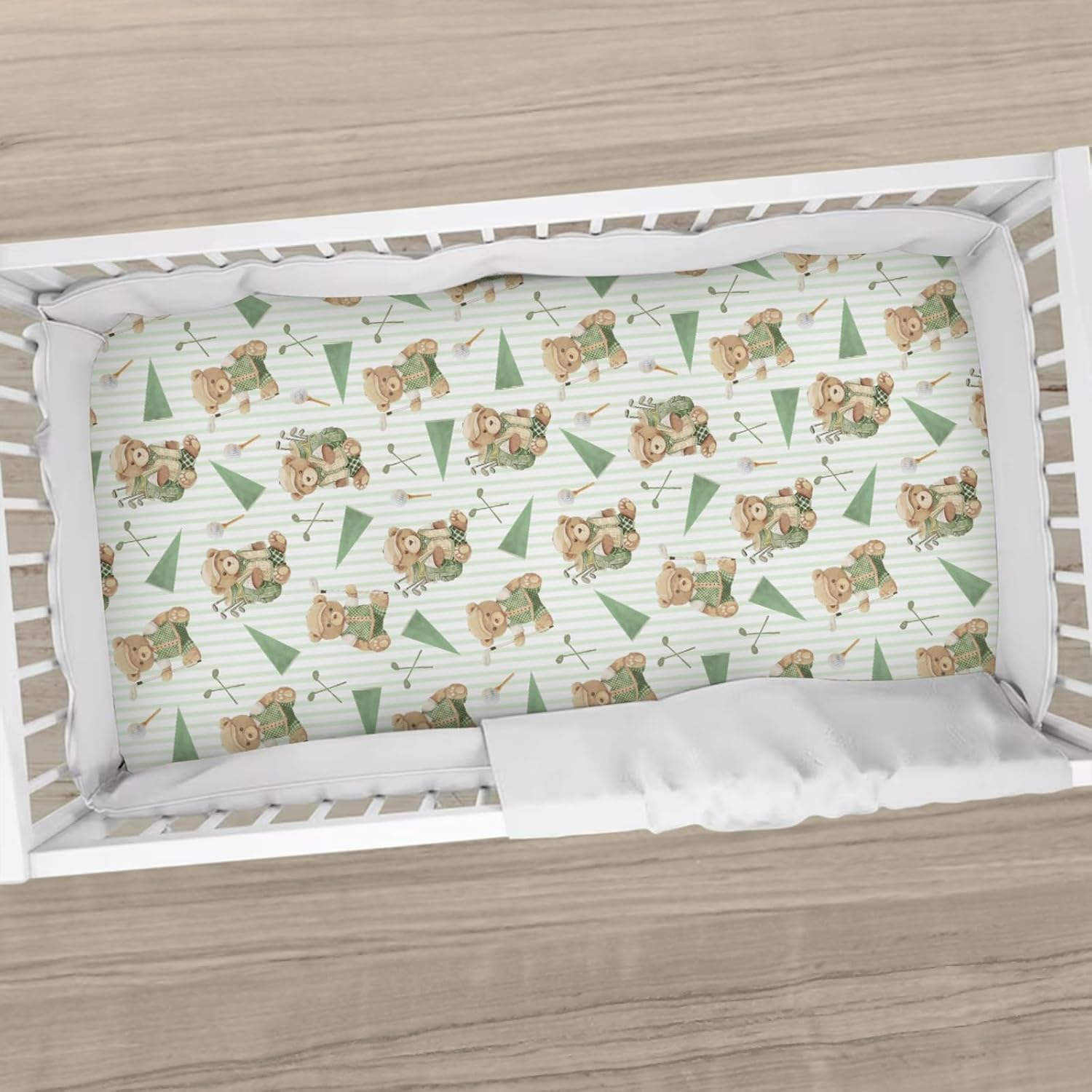 Cute Bear Golf Sports Baby Boys Girls Crib Sheets Golf Clubs Bag Balls Flag Toddler Bed Sheets Outdoor Sports Fitted Crib Mattress Cover for Standard Crib Mattresses 52''x28''