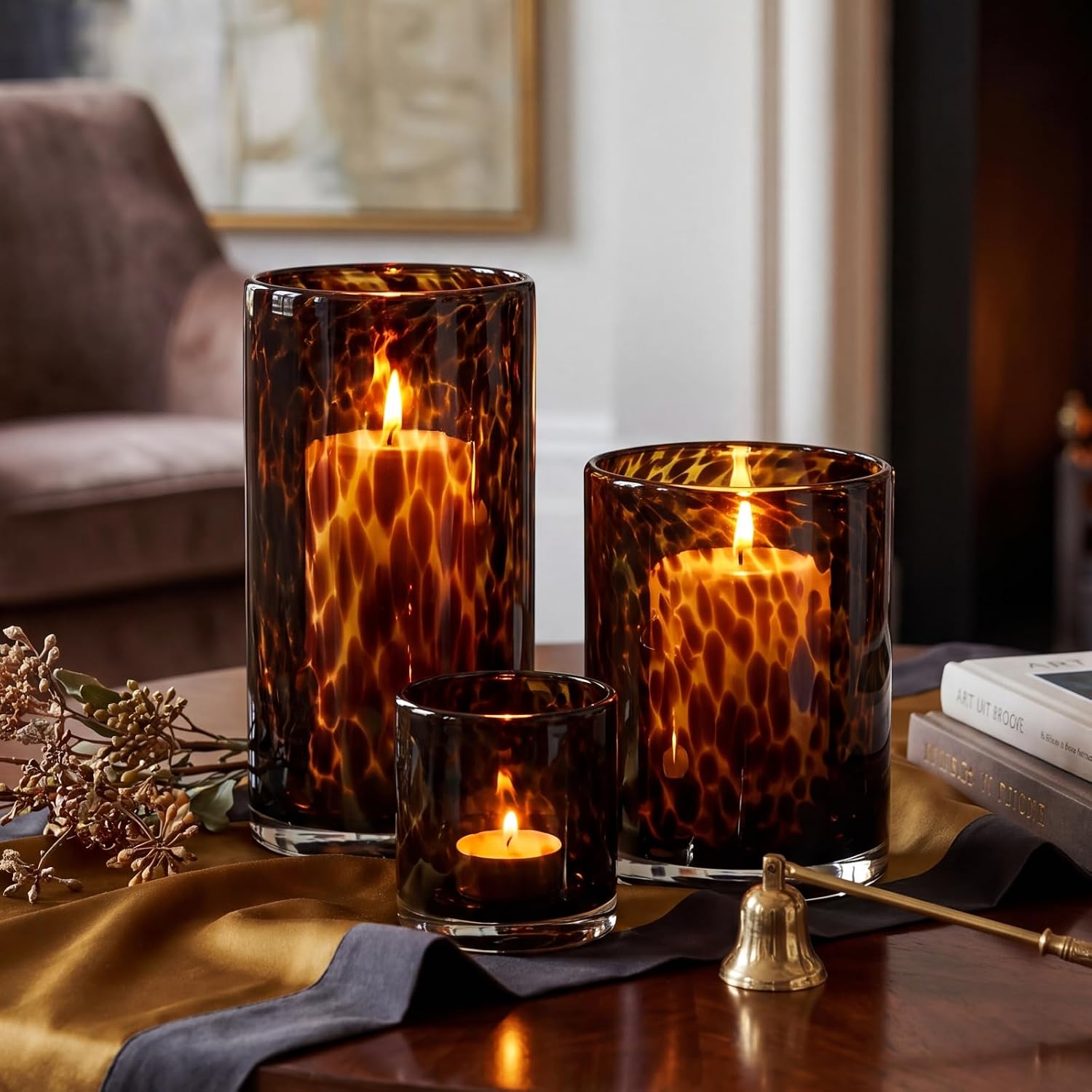 Potchen Set of 3 Tortoise Shell Glass Candle Holder Vase Set 3/4/5" Tealight Pillar Candle Holder Leopard Print Tortoiseshell Cheetah Animal Print for Table Decoration Centerpieces Home Dining Party