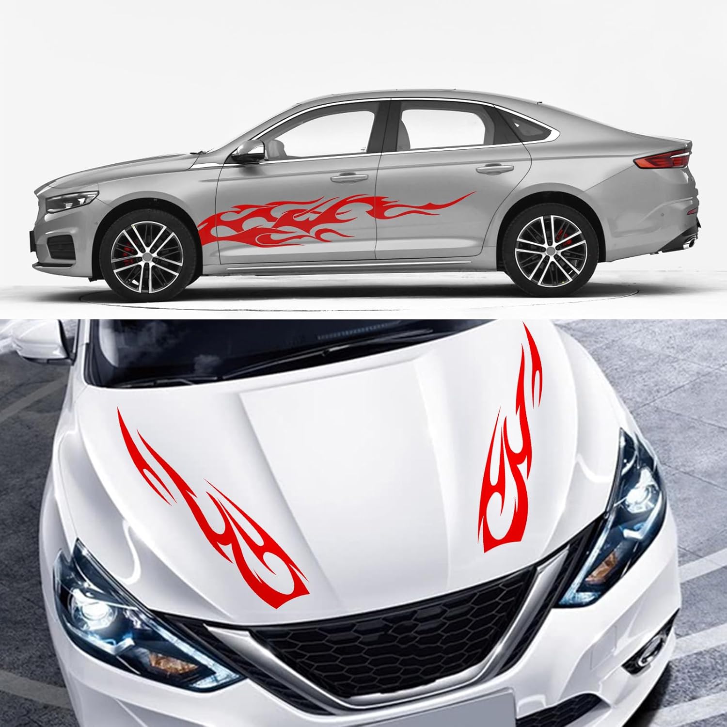 RUIANTE 4PCS Universal Racing Body Side Stripe Skirt Decals, Auto Hood & Sides Door Decoration Flame Pattern Graphics Vinyl Sticker for Cars, SUVs, Sedan (Red)