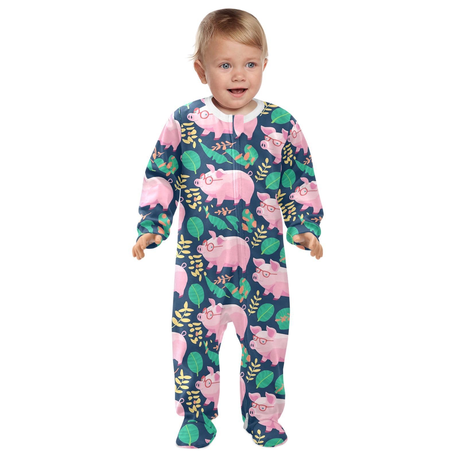 Wusikd Cartoon Pigs One-Piece Footies Pink Bodysuit Rompers Zipper for Boys Girls 3M