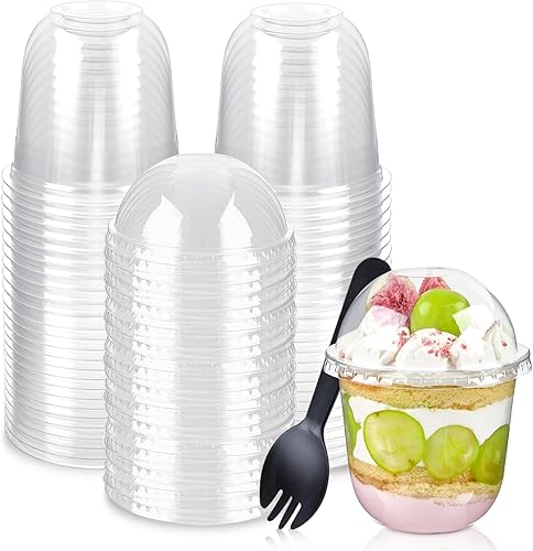 Miniatura 8 de TOFLEN Vasos de postre de plástico transparente de 16 onzas con tapas de cúpula (sin agujero) y tenedores, 50 juegos de tazas desechables de yogur