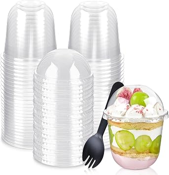 TOFLEN 12 oz Plastic Dessert Cups with Dome Lids and Sporks, 50 Pack