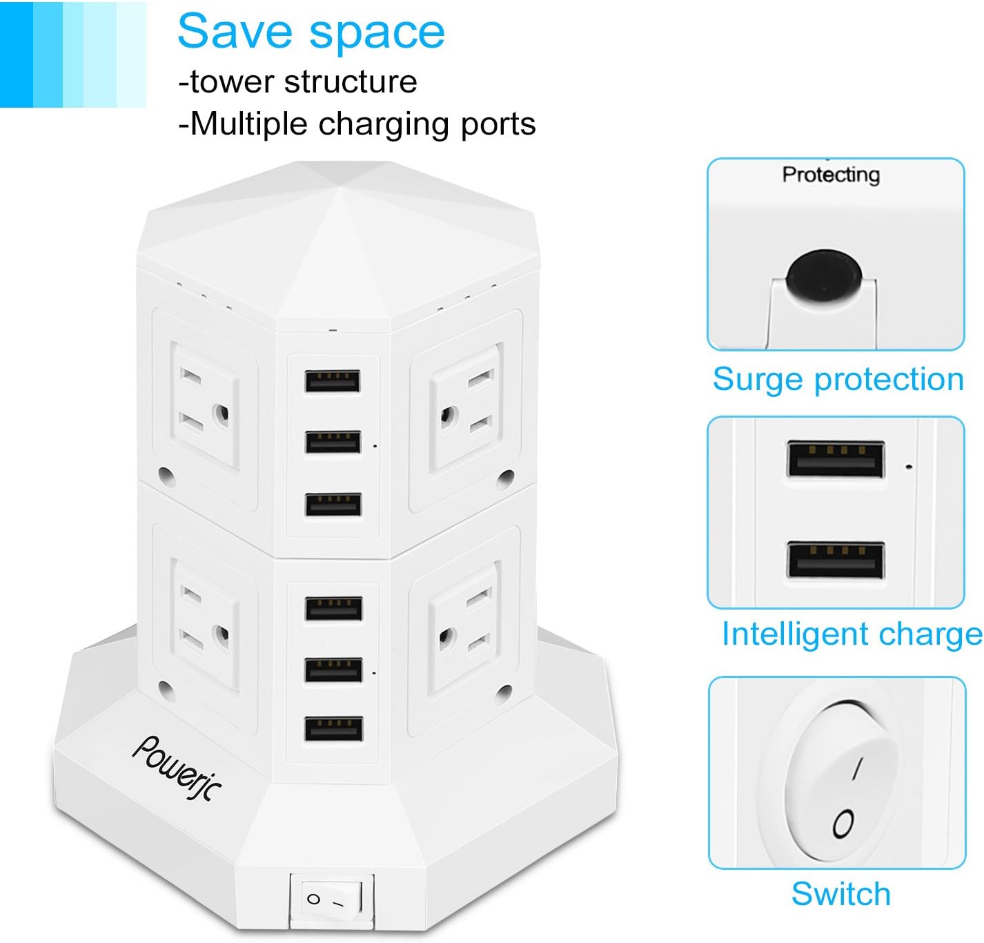 Power Strip USB Surge Protector Tower 8 AC Outlets with 6 USB Ports Chargers 10 Feet Long Extension Cord Indoor White-Powerjc