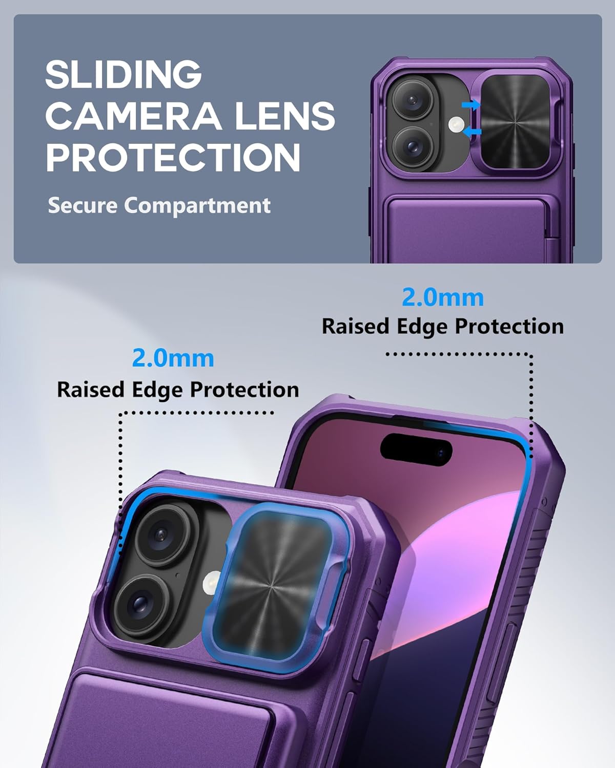 ATATOO for iPhone 16 Case Wallet with HD Tempered Glass Screen Protector [2 Pack], Built-in Card Holder, Slide Camera Cover, Military Grade Protection, Hard Case for iPhone 16 6.1", Dark Purple