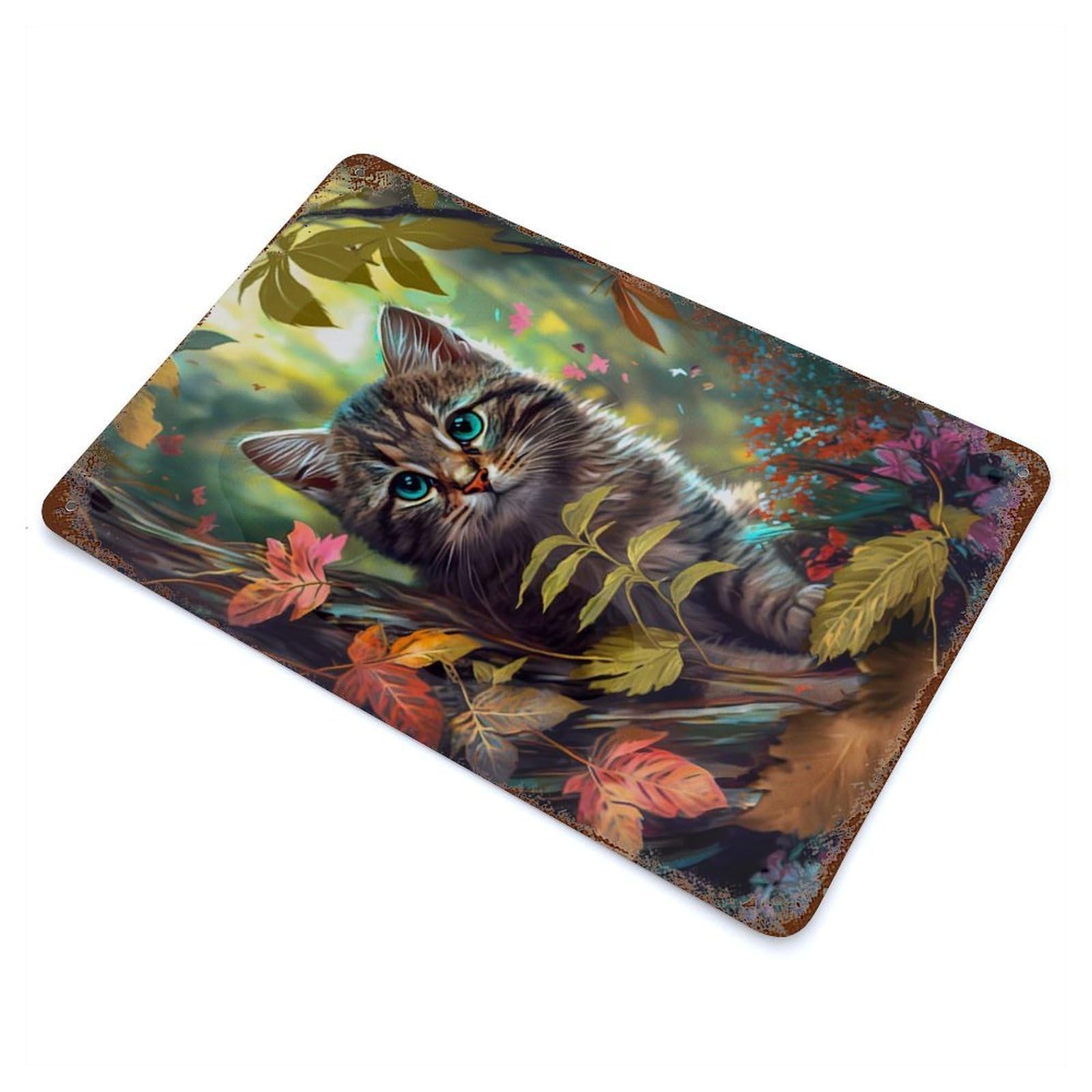 Cute Kitten Aged Metal Wall Plaque 11.8"x7.9", Industrial Home Decor for Pub, Kitchen And Man Cave Decor