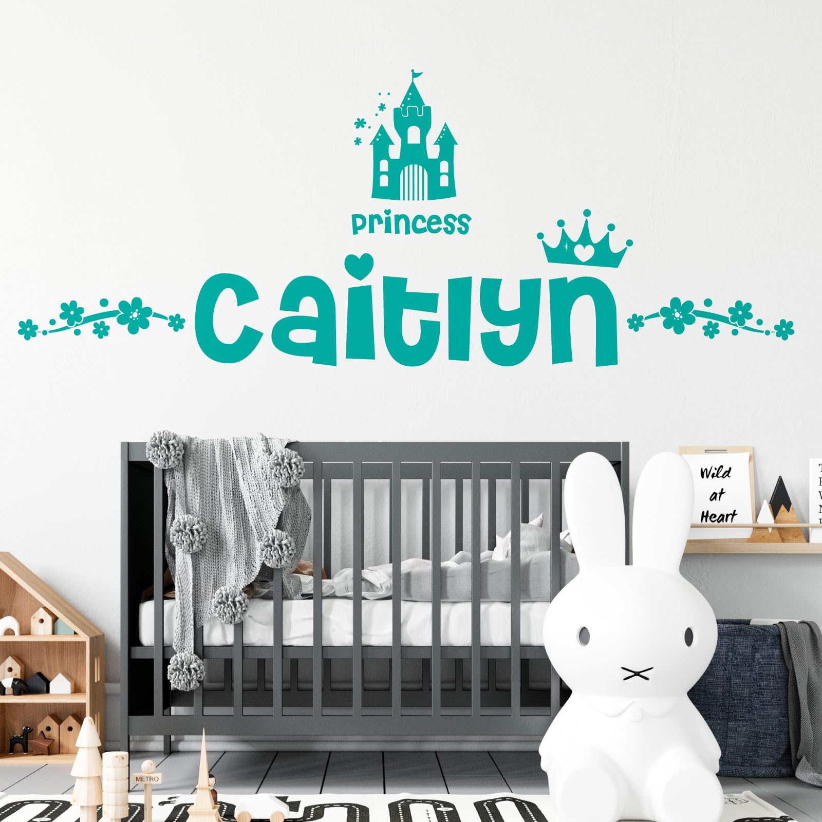 Personalised Name Girls Wall Art Sticker - Princess Disney Castle Crown Floral Motive [Large] [Turquoise]