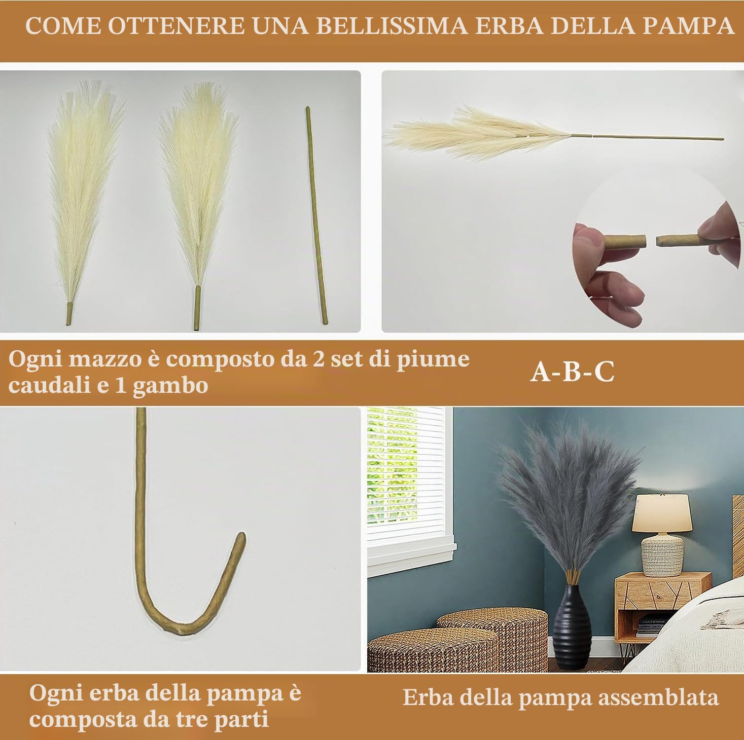 Erba della pampa artificiale, 7 pezzi, 97 cm, grande, erba della pampa essiccata, alta erba della pampa, soffici e sintetici, per matrimoni, soggiorno, camera da letto, decorazione per la