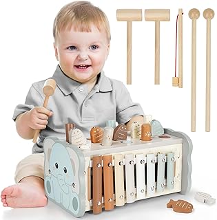 Dinorun Montessori Hammering Toy from 1 Year Old, Wooden Motor Skills Toy, Xylophone, Gift for Children Aged 1, 2, 3, 4 Years, for Girls, Boys