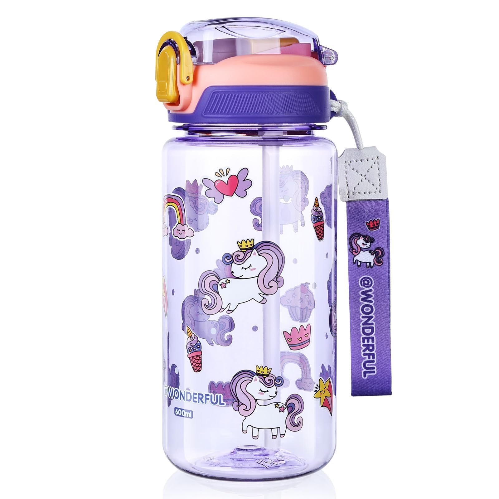 flintronic 600ml Trinkflasche Kinder, Kindertrinkflasche mit Strohhalm, BPA-freie Kinder-Wasserflaschen, Sportwasserflasche mit Auslaufsicherem Flip-Top-Deckel für Mädchen und Jungen, Blau