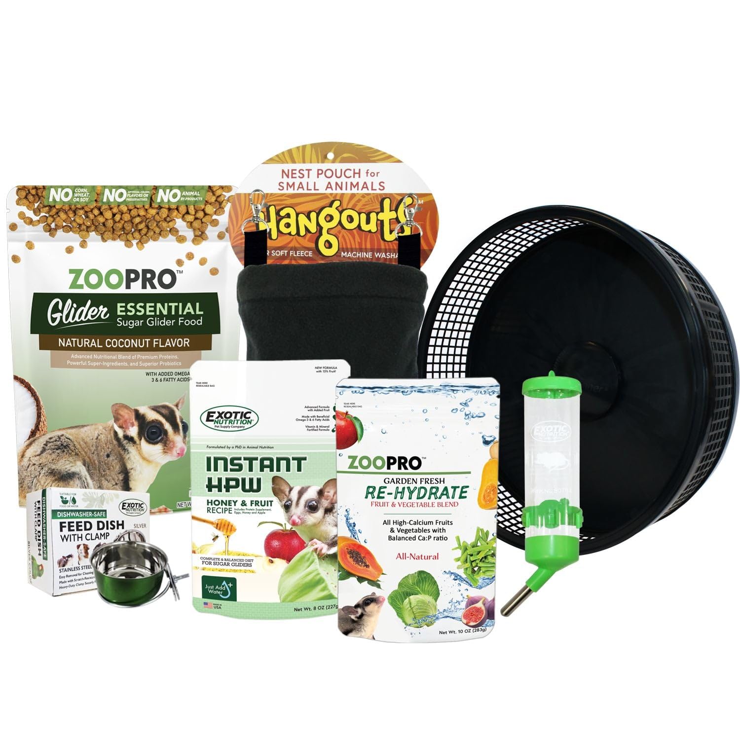 Exotic Nutrition Starter Package for Sugar Gliders - Includes Exercise Wheel, Food Assortment, Water Bottle, Food Dishes & Nest Pouch