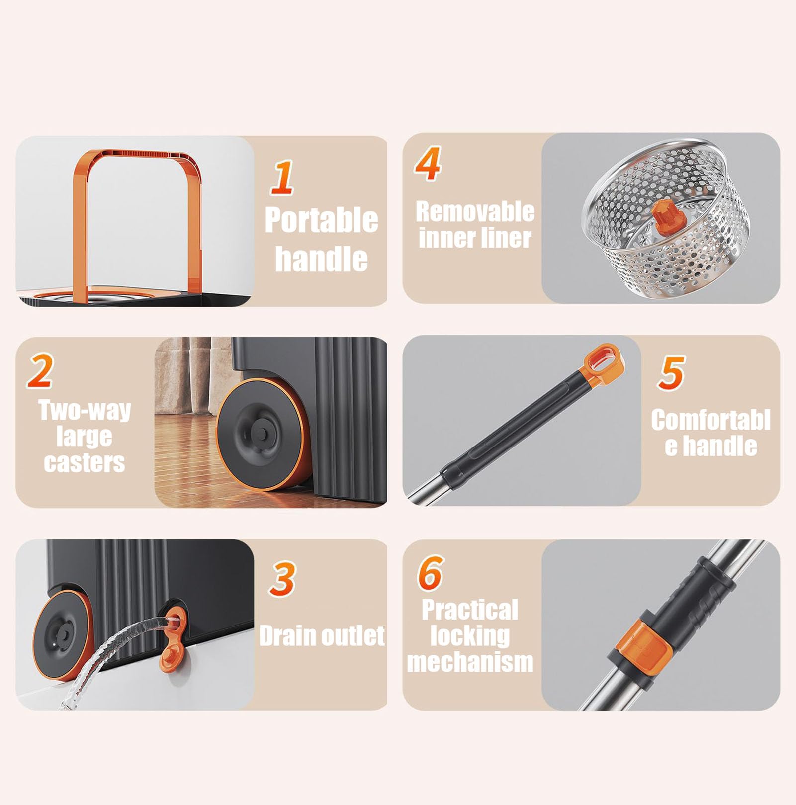 Juego de fregona cubo giratorios, cabezales de fregona dobles con 2 ruedas | Separa el agua limpia y sucia, trapeador para pisos con 2 cabezales de trapeador lavables para madera, azulejos, vinilo