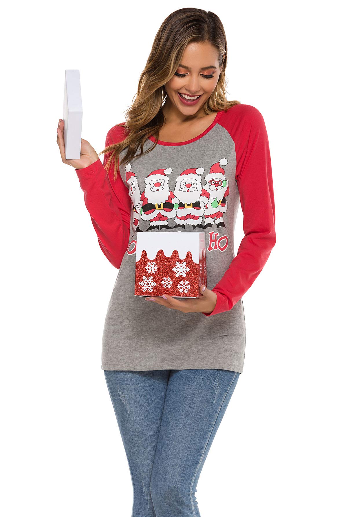 WOAIVOOU Women Christmas Tops Casual Long Sleeve Baseball T Shirt Funny Letter Print Xmas Blouse Shirt