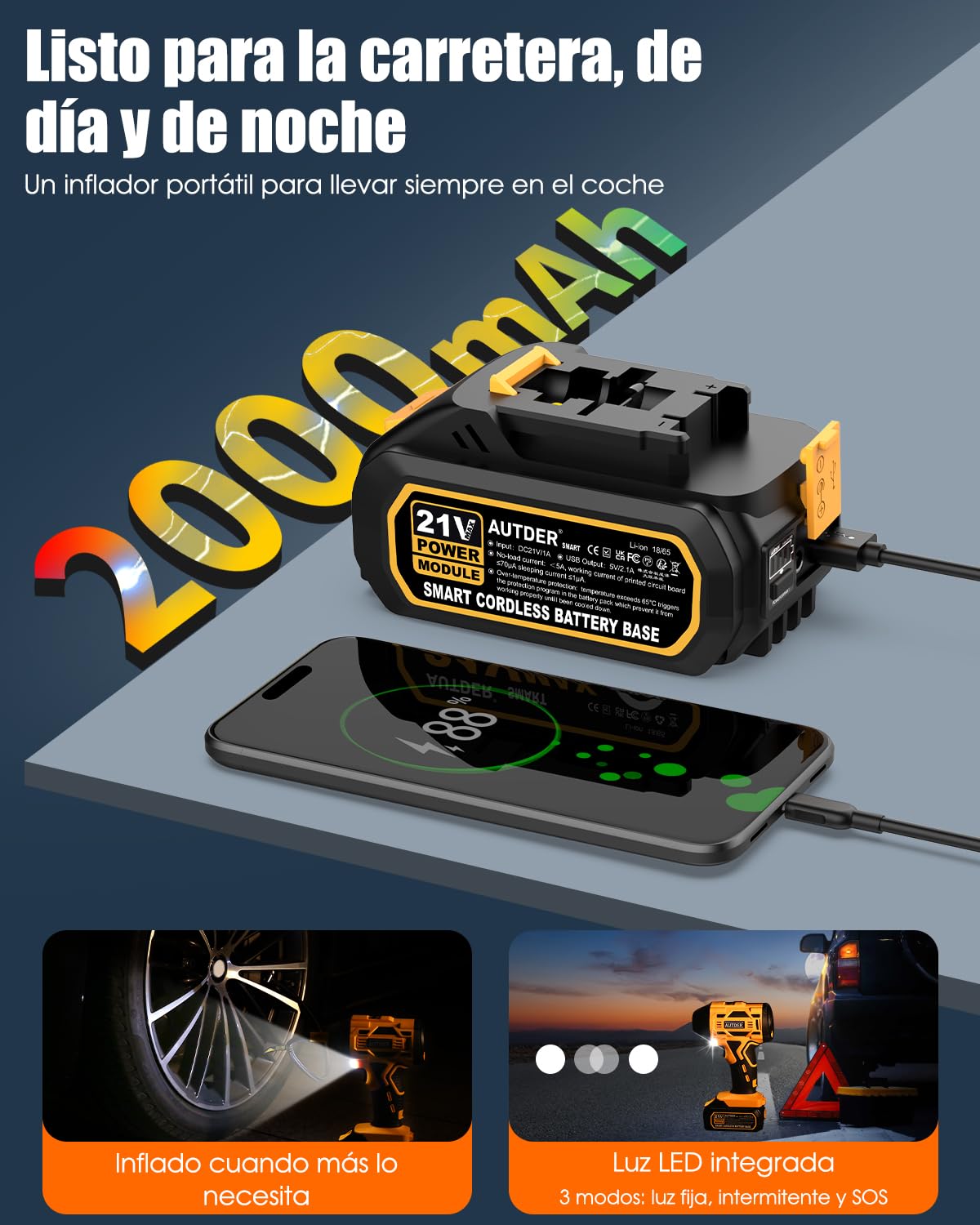 AUTDER Inflador de Neumáticos Portátil 180 PSI, Compresor de Aire Inalámbrico con Batería Extraíble de 21V y Cable de Alimentación para Coche 12V, Apagado Automático, Pantalla LCD, Luz LED para Coche