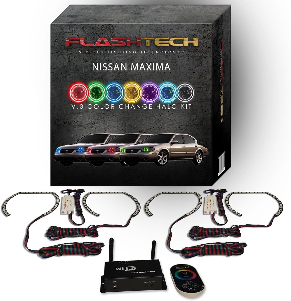 Flashtech RGB LED Halo Ring Accent Light Kit Compatible with Nissan Maxima (2000-2001) Headlight Housings - App + RF Remote