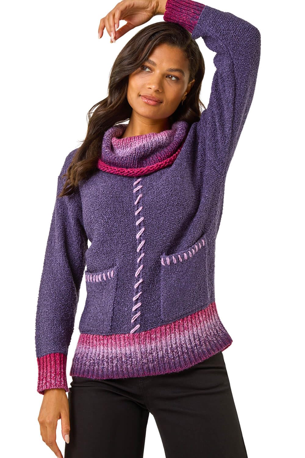 Roman Originals Roll Neck Patch Pocket Knit Jumper for Women UK - Ladies Everyday Autumn Winter Comfy Soft Evening Vacation Work Party Night Out - Purple - Size 14