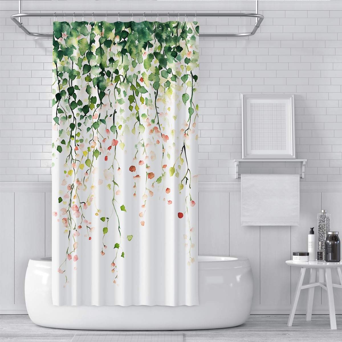 Akwarela Zasłona prysznicowa Rośliny Zasłony prysznicowe Zielone Różowe Czerwone liście i kwiaty Kwiatowa zasłona prysznicowa Liner z haczykami 150 x 200 cm Standard